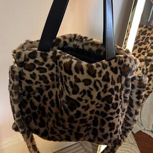 Leopard Print Faux Fur Shoulder Bag with Black Straps